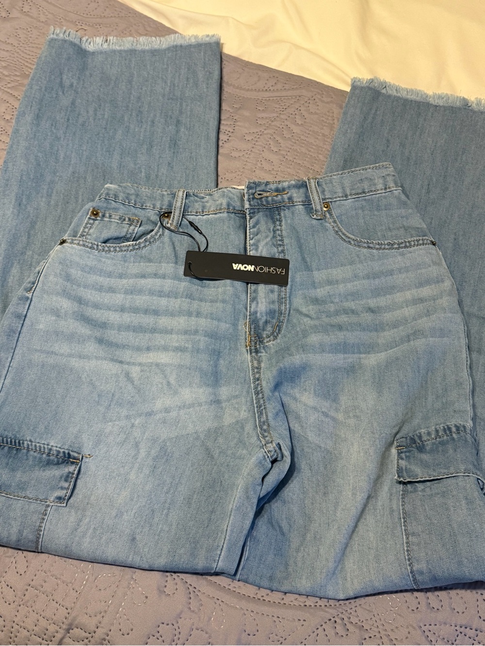 Fashion Nova Light Blue Wide Leg Cargo Jeans
